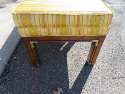 heritage henredon Handsome Pair of Walnut Brass Campaign Stool Ottoman Bench Mid Century Modern
