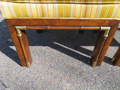 heritage henredon Handsome Pair of Walnut Brass Campaign Stool Ottoman Bench Mid Century Modern