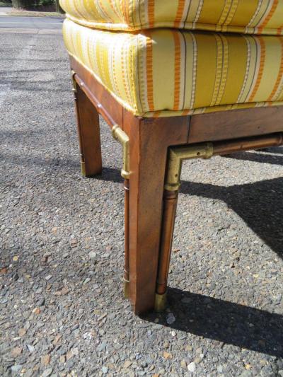 heritage henredon Handsome Pair of Walnut Brass Campaign Stool Ottoman Bench Mid Century Modern