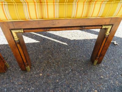 heritage henredon Handsome Pair of Walnut Brass Campaign Stool Ottoman Bench Mid Century Modern