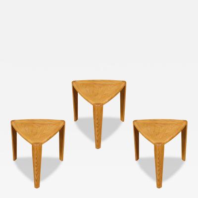 id Century Modern Triangular Oak Tri Leg Side Tables