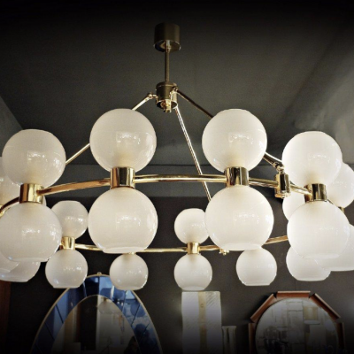 large Italian Crown Chandelier Brass Opaline Italy