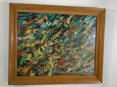 ludwik A Smialkowski MODERNIST LIFE IN THE SEA OIL ON BOARD PAINTING