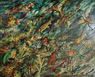 ludwik A Smialkowski MODERNIST LIFE IN THE SEA OIL ON BOARD PAINTING