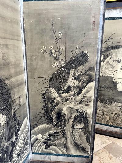 soga Shohaku Rare Japanese Floor Screen of Perched Eagles Soga Shohaku Edo period