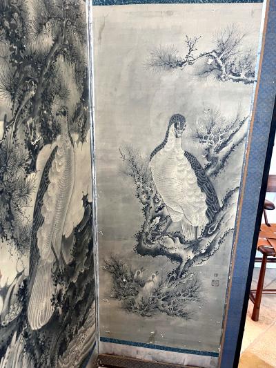 soga Shohaku Rare Japanese Floor Screen of Perched Eagles Soga Shohaku Edo period