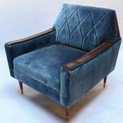  Adesso Studio Pair of Custom 1960s Style Silk Velvet Armchairs with Wood and Brass Details - 1732480