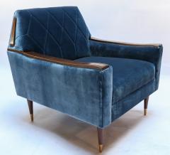  Adesso Studio Pair of Custom 1960s Style Silk Velvet Armchairs with Wood and Brass Details - 1732488