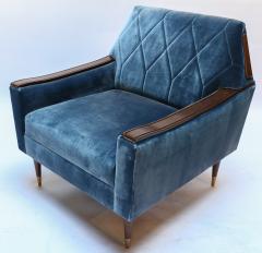  Adesso Studio Pair of Custom 1960s Style Silk Velvet Armchairs with Wood and Brass Details - 1732493