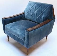  Adesso Studio Pair of Custom 1960s Style Silk Velvet Armchairs with Wood and Brass Details - 1732494