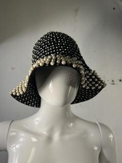  Adolfo MID CENTURY MAGNIFICIENT BLACK FELT RHINESTONE AND PEARL STUDDED HAT BY ADOLFO - 3746394