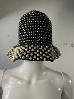  Adolfo MID CENTURY MAGNIFICIENT BLACK FELT RHINESTONE AND PEARL STUDDED HAT BY ADOLFO - 3746395