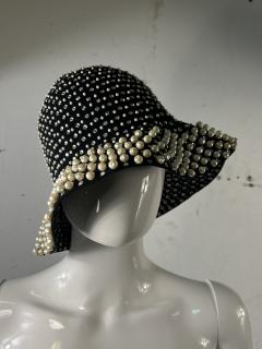  Adolfo MID CENTURY MAGNIFICIENT BLACK FELT RHINESTONE AND PEARL STUDDED HAT BY ADOLFO - 3746398