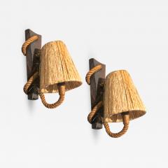  Adrien Audoux Frida Minet Audoux Minet rare pair of rope sconces rolled on a brutal oak piece - 922491