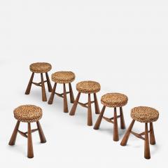  Adrien Audoux Frida Minet Six Stools with Woven Seats in the manner of Audoux Minet France 1950s - 4702382
