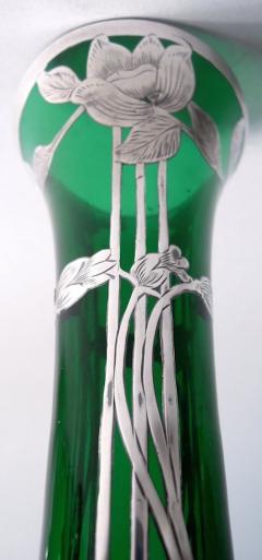  Alvin Corp Alvin Art Nouveau Green Vase with Floral Silver Overlay - 4221365