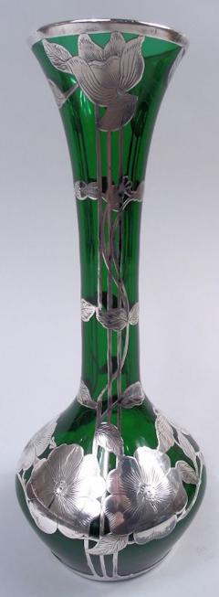  Alvin Corp Alvin Art Nouveau Green Vase with Floral Silver Overlay - 4221367