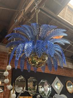  Arte Vetro Murano Italian Murano Blue Leaf Palm Chandelier with Brass Globe Base 1970s - 4255963