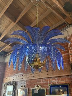  Arte Vetro Murano Italian Murano Blue Leaf Palm Chandelier with Brass Globe Base 1970s - 4255965