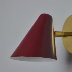  Arteluce Pair of 1950s Conical Red Metal Brass Sconces by Gino Sarfatti for Arteluce - 3829694