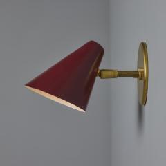  Arteluce Pair of 1950s Conical Red Metal Brass Sconces by Gino Sarfatti for Arteluce - 3829697