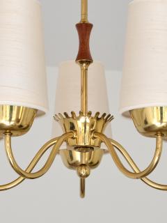  Asea ASEA Belysning Five Arm Brass Chandelier with Silk Shades Sweden 1950s - 4580029