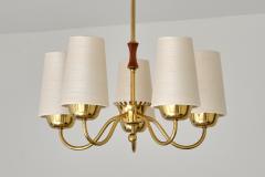  Asea ASEA Belysning Five Arm Brass Chandelier with Silk Shades Sweden 1950s - 4580030