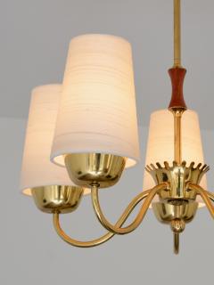  Asea ASEA Belysning Five Arm Brass Chandelier with Silk Shades Sweden 1950s - 4580031
