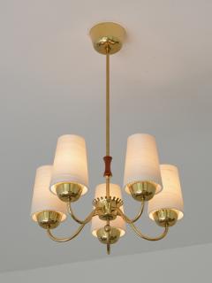  Asea ASEA Belysning Five Arm Brass Chandelier with Silk Shades Sweden 1950s - 4580036