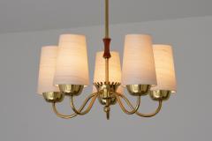  Asea ASEA Belysning Five Arm Brass Chandelier with Silk Shades Sweden 1950s - 4580039