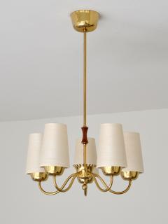  Asea ASEA Belysning Five Arm Brass Chandelier with Silk Shades Sweden 1950s - 4580185