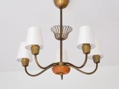  Asea Swedish Modern ASEA Five Arm Chandelier in Brass Oak and Silk Sweden 1950s - 4317936