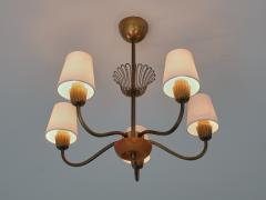  Asea Swedish Modern ASEA Five Arm Chandelier in Brass Oak and Silk Sweden 1950s - 4317939
