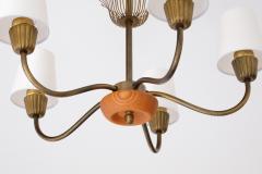 Asea Swedish Modern ASEA Five Arm Chandelier in Brass Oak and Silk Sweden 1950s - 4317940