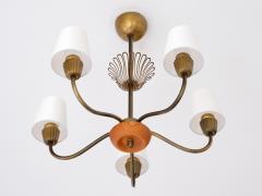  Asea Swedish Modern ASEA Five Arm Chandelier in Brass Oak and Silk Sweden 1950s - 4317943