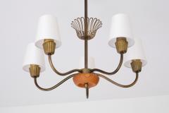  Asea Swedish Modern ASEA Five Arm Chandelier in Brass Oak and Silk Sweden 1950s - 4317946