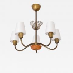  Asea Swedish Modern ASEA Five Arm Chandelier in Brass Oak and Silk Sweden 1950s - 4319409