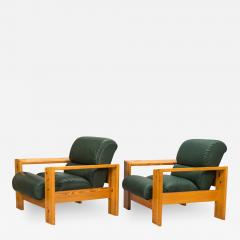  Asko 1970s Pinewood Green Leather Lounge Chairs - 2784212
