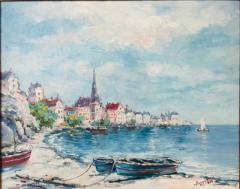  Austin Landscape Beach Town Oil on Canvas Painting Signed by Artist Austin - 2873562