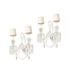  Baccarat Pair of Neoclassical Two Arm Crystal Sconces W White Shades Manner of Baccarat - 4233725