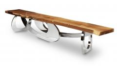  Barberini Gunnell Bench in polished stainless steel chrome effect and slab wood made in Italy - 1441992