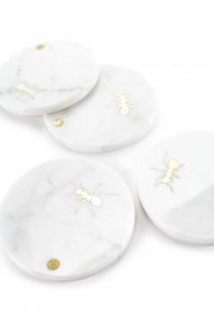  Barberini Gunnell Coasters Barware Cocktail White Carrara Marble Brass Inlay Ants Collectible - 3914243