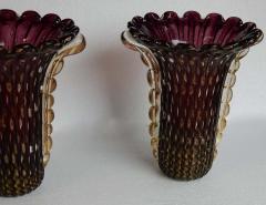  Barovier Toso 1970 Pair of Vases Murano Crystal Violine and Gold Signed Toso Murano - 2322995