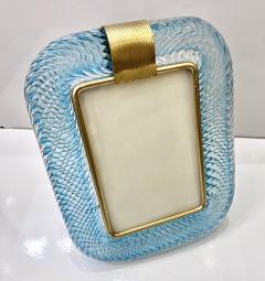  Barovier Toso 2000s Italian Vintage Aquamarine Blue Twisted Murano Glass Brass Picture Frame - 3052928