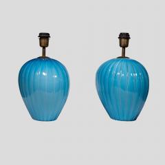  Barovier Toso Pair Of Sky Blue Ribbed Barovier Murano Glass Table Lamps - 3639396