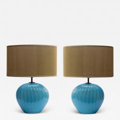  Barovier Toso Pair Of Sky Blue Ribbed Barovier Murano Glass Table Lamps - 3640293