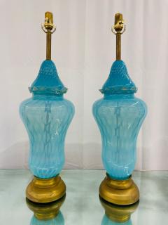  Barovier Toso Pair of Italian Mid Century Modern Murano Glass Table Lamps Turquoise Brass - 3145088