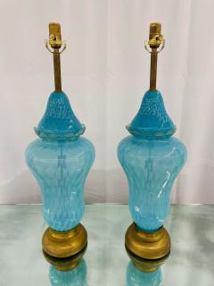 Barovier Toso Pair of Italian Mid Century Modern Murano Glass Table Lamps Turquoise Brass - 3145089