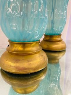  Barovier Toso Pair of Italian Mid Century Modern Murano Glass Table Lamps Turquoise Brass - 3145094