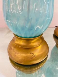  Barovier Toso Pair of Italian Mid Century Modern Murano Glass Table Lamps Turquoise Brass - 3145095